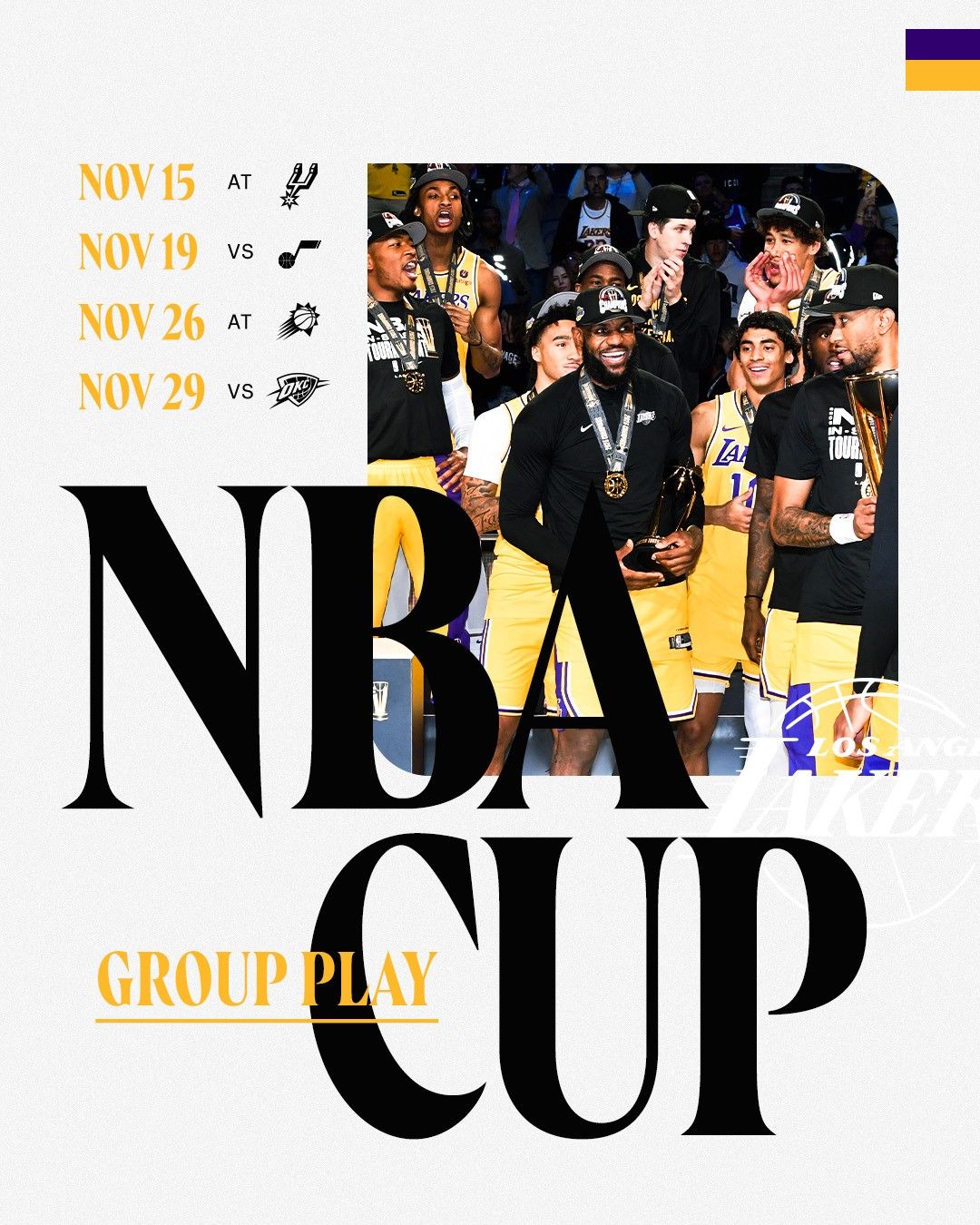 湖人队公布11 月NBA 杯赛程：对阵马刺队、爵士队、太阳队、雷霆队